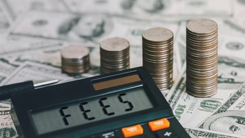 Visa and sponsorship costs represented by calculator displaying fees and stacks of coins